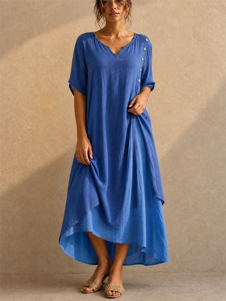 Country Style V Neck Short Sleeve Irregular Hem Dress for Women