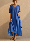 Country Style V Neck Short Sleeve Irregular Hem Dress for Women