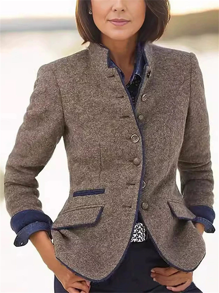 Women's Vintage Contrast Trim Stand Collar Single Breasted Coat