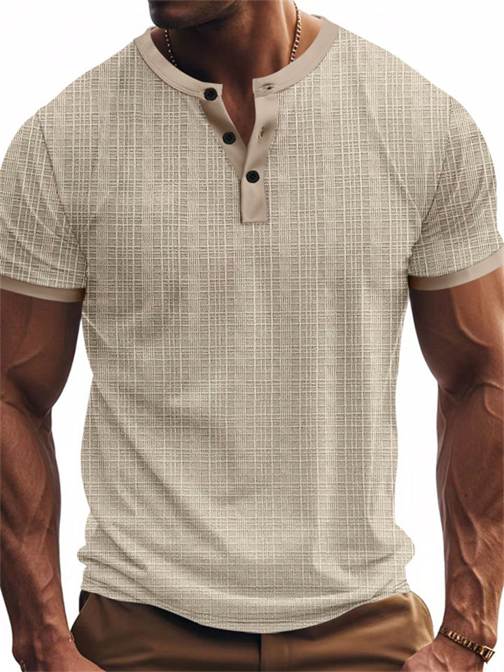 Men's Comfy Solid Color Plaid Short Sleeve Henley T-Shirt