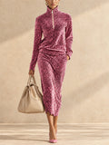 Women Leopard Print Velvet Two Piece Set Zip Up Top and Midi Skirt Outfit