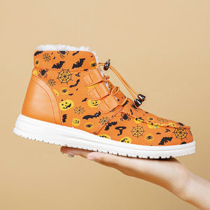 Women's Halloween Pumpkin Ghost Fleece Ankle Boots