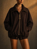 Women Oversized Gold Zip Pull Zip Up BatWing Sleeve Jacket