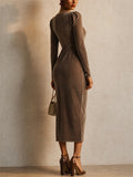 Women Elegant Velvet Cowl Neck Long Sleeve Ruched Midi Dress