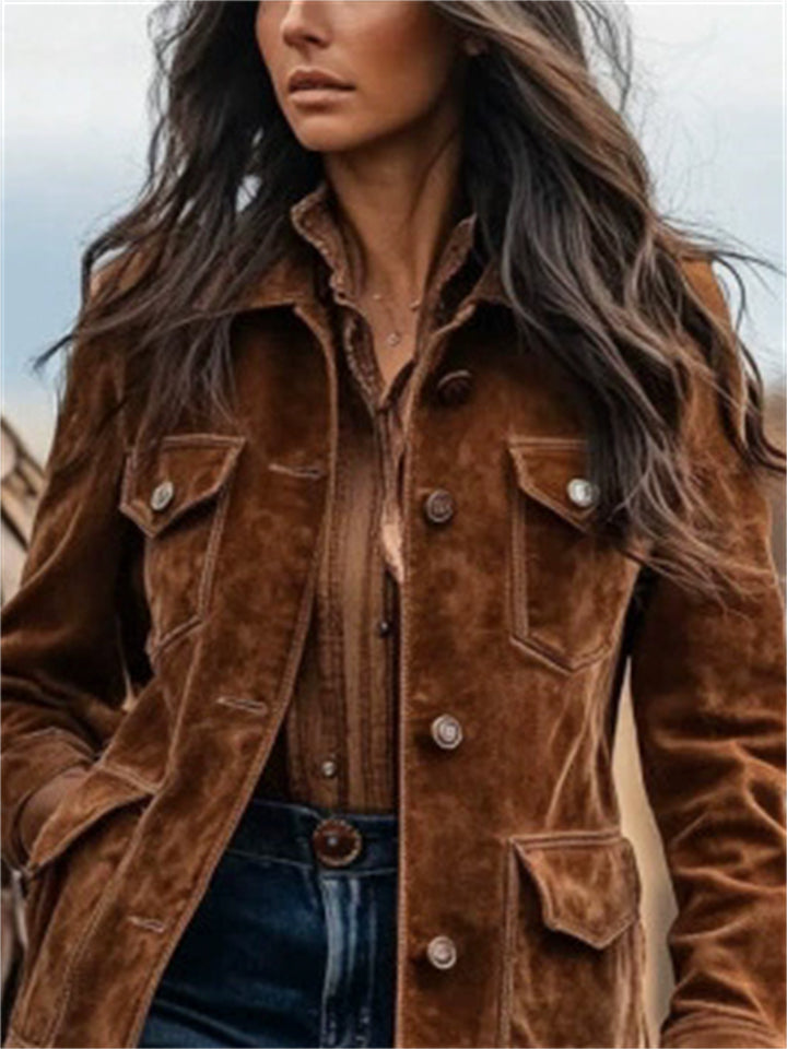 ‌Women's Vintage Brown Suede Western Style Jacket with Pockets