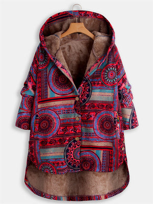 Women's Geometric Print Plush Ethnic Hooded Coats