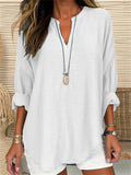 Women's Summer Vacation V Neck Linen Long Sleeve Shirt