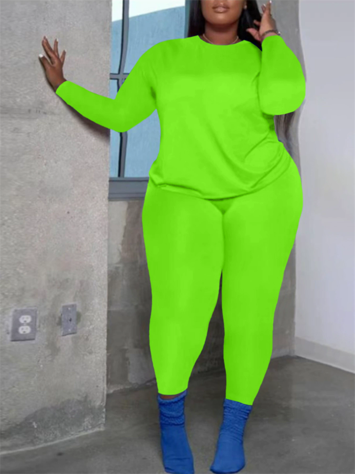 Plus Size Women's Simple Plain Color Long Sleeve Top Tight Pants Set