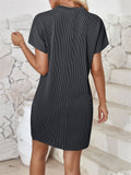 Summer Casual Round Neck Chest Pocket Mini Striped Dress for Lady