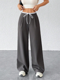 ‌Gray Wide Leg Casual Pants for Women with Drawstring Waist‌