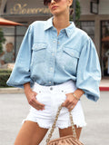 Women's Casual Lapel Puff Sleeve Button Denim Blouses