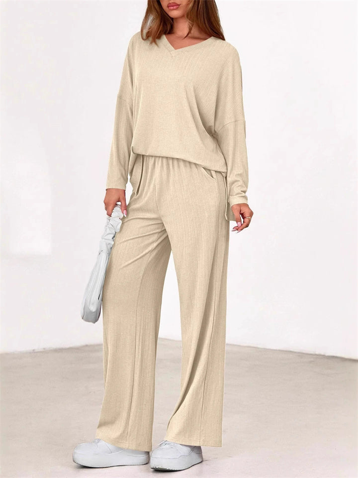 Women's Simple V Neck Long Sleeve Loose Fit Comfy Top and Pants Set