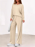 Women's Simple V Neck Long Sleeve Loose Fit Comfy Top and Pants Set