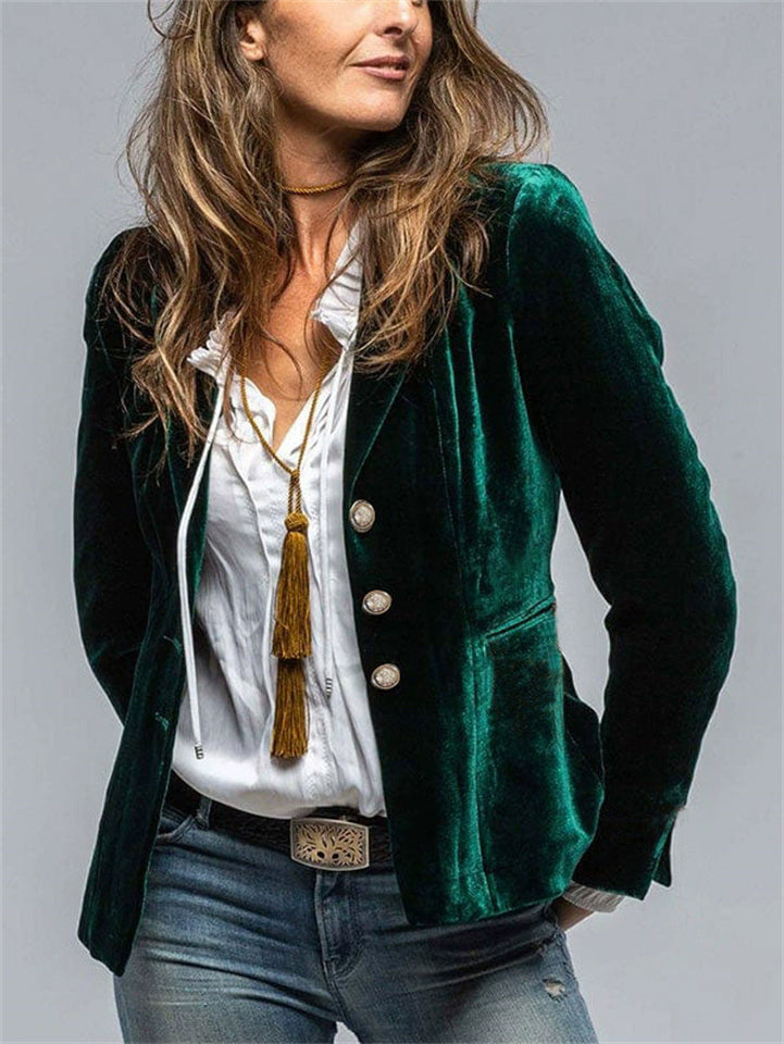 Ladies' Elegant Vintage Velvet Lapel Single Breasted Long Sleeve Coats