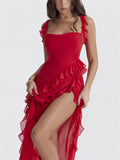 Summer Sexy Ladies High Split Backless Ruffle Mesh Dress