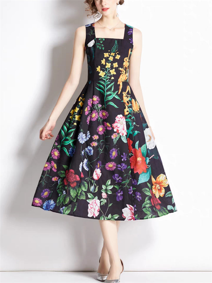 French Style Holiday Elegant Flowers Print Strappy Midi Dress for Lady