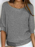 Casual Solid Color Round Neck 3/4 Sleeve Sweater for Women
