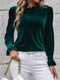 Women's Green Solid Color Velvet Long Puffed Sleeve Shirt