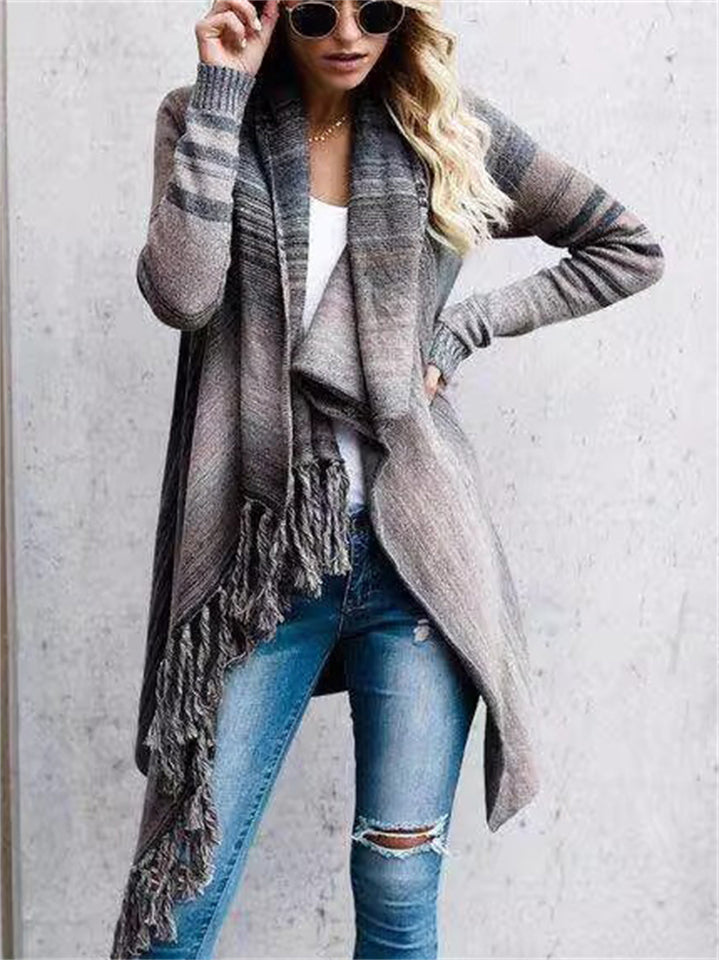 Women's Casual Contrast Color Striped Fringe Cardigan Sweaters
