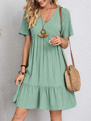 Women's Summer Short Sleeve V Neck Pleated Mini Dress