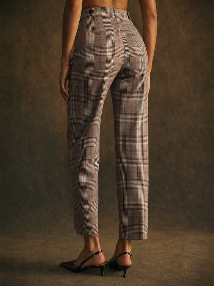 Womens High Waisted Pleated Straight Leg Plaid Work Pants