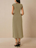 Women Striped Knitted Midi Dress Sleeveless Slim Fit Casual Office Wear