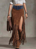 ‌Boho Style Demin Suede Patchwork Skirt for Women‌ with Fringe Hem