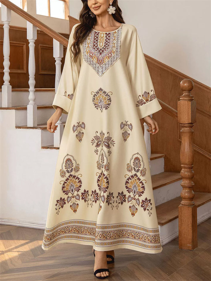Women's Retro Printed Beads Round Neck Muslim Robe Dress