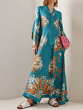 Women's Holiday Style Print Stand Collar V-neck 3/4 Sleeve Maxi Dress