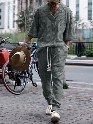 Men's Thin Knitted V-neck Tops & Drawstring Trouser Set