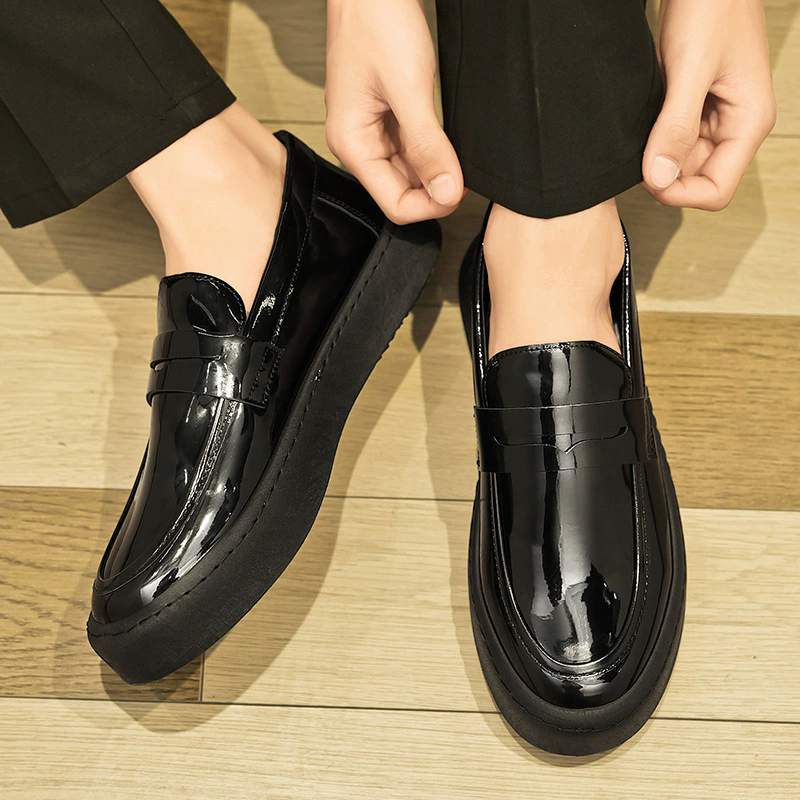 Men's British Style Black Faux Leather Flats Loafers Shoes