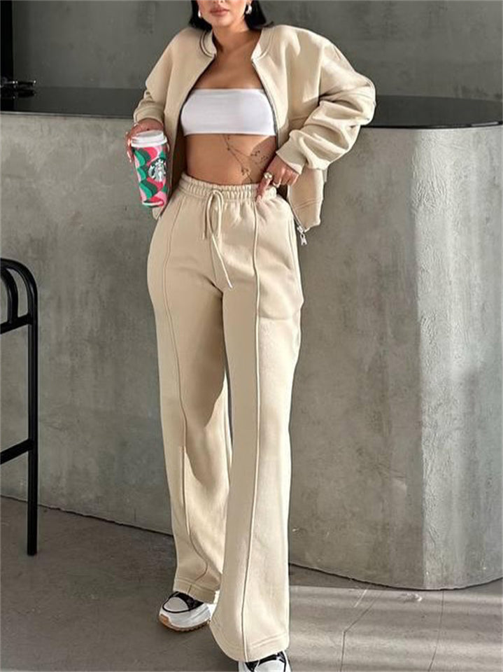 Women's Trendy Solid Color Cardigan Baseball Collar Sweatshirts & Sweatpants Outfit