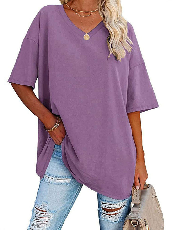 Women's Summer Candy Color Simple V Neck Short Sleeve Shirts