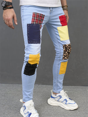 Male Light Blue Skinny Multicolored Patch Jeans