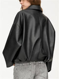 Women's Trendy Solid Color Zip Up Lapel Faux Leather Bomber Jackets