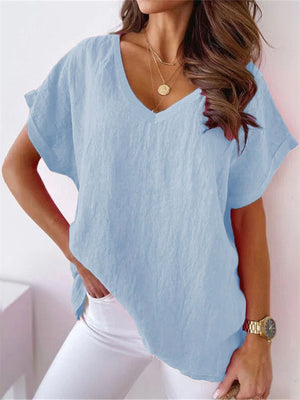 Women's V Neck Short Sleeve Cozy Cotton Linen T-shirt for Summer