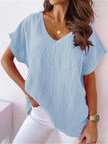 Women's V Neck Short Sleeve Cozy Cotton Linen T-shirt for Summer