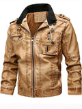 Men's Contrast Collar Long Sleeve Zip-Up Distressed Faux Leather Moto Jackets
