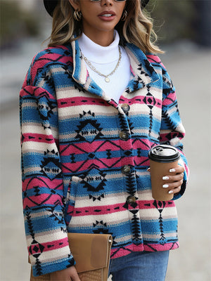 Women's Autumn Contrast Color Button Up Geometric Pattern Fleece Coats