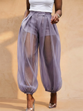 Women High Waist Sheer Mesh Lantern Pants Pleated with Shorts