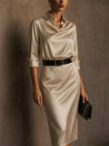 Women Champagne Satin Cowl Neck Belted Shirt Midi Dress