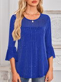 Women's Mesh Patchwork Bling 3/4 Flare Sleeve Shirt
