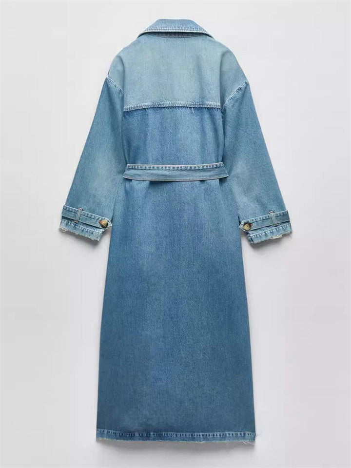 Women's Fashion Double Breasted Denim Trench Coat with Belt