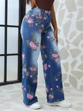 Women's Casual Flowers Print High Waist Wide Leg Denim Pants