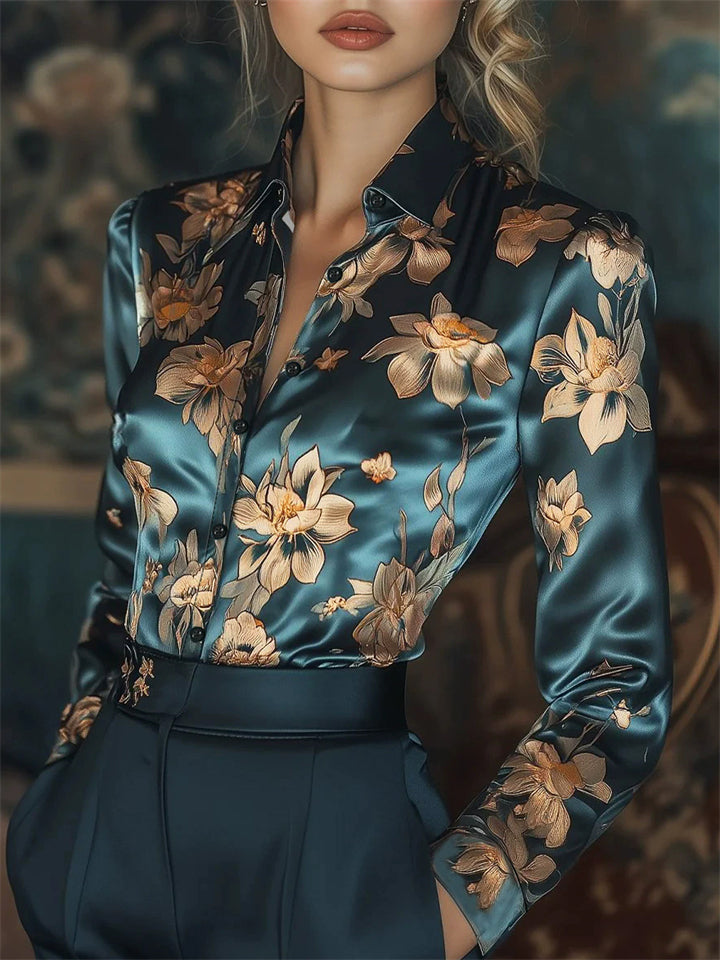 Women's Lotus Printed Satin Slim Fit Lapel Long Sleeve Shirt