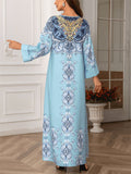 Women's Blue Elegant Printed Beads Round Neck Muslim Robe Dress