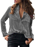 Ladies' Casual Solid Color Lapel Button Up Long Sleeve Corduroy Blouses