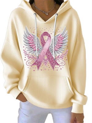 Women's Autumn Wings& Ribbon Print Long-sleeved Kangaroo Pocket Hoodies