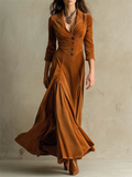 ‌Brown Elegant Velvet Lapel Maxi Dress for Women with Button Design‌
