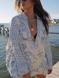 Women's 2pcs Summer Print Long Sleeve Satin Top & Short Pants Set